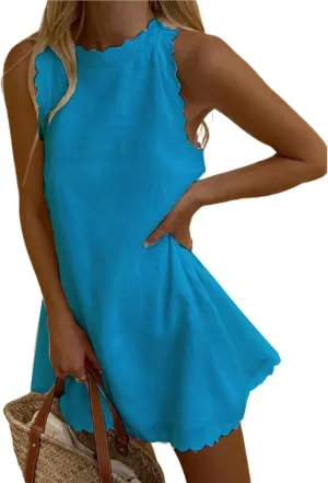 Yuemengxuan Womens Sleeveless Tank Dress V-Neck Scallop 2025 Summer Dresses Back Zipper Linen Casual Beach Sundress