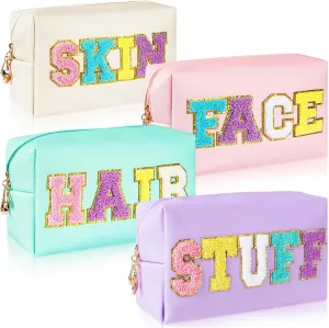 ZAUGONTW 4Pcs Large Cosmetic Bag Preppy Makeup Bag Chenille Letter, PU Leather Waterproof Travel Organizer Bag Hair Bag with Nylon Zipper Patches Makeup Organizer Bag Set for Women Girls