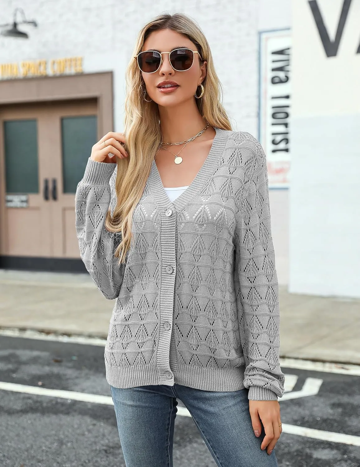 Zeagoo Women's Lightweight Crochet Cropped Cardigan 2024 V Neck Long Sleeve Button up Bolero Shrug Sweater