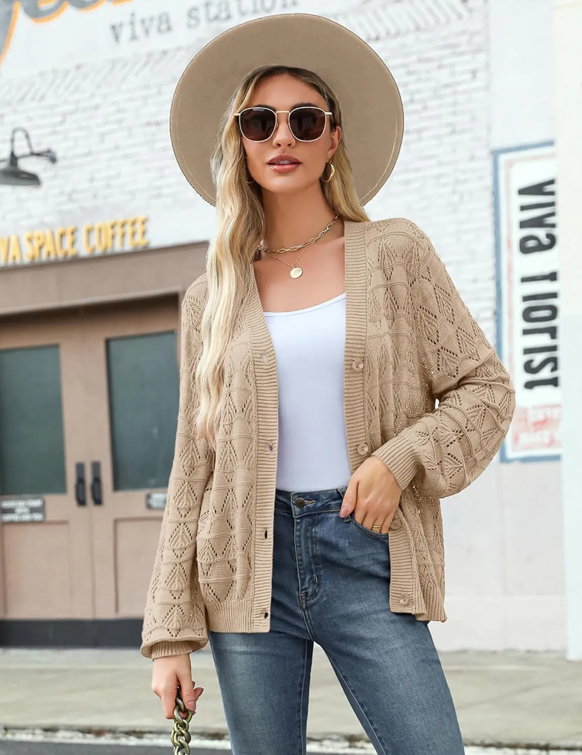 Zeagoo Women's Lightweight Crochet Cropped Cardigan 2024 V Neck Long Sleeve Button up Bolero Shrug Sweater