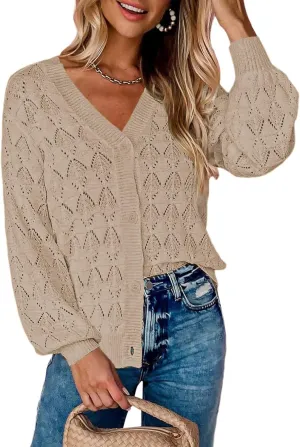 Zeagoo Women's Lightweight Crochet Cropped Cardigan 2024 V Neck Long Sleeve Button up Bolero Shrug Sweater