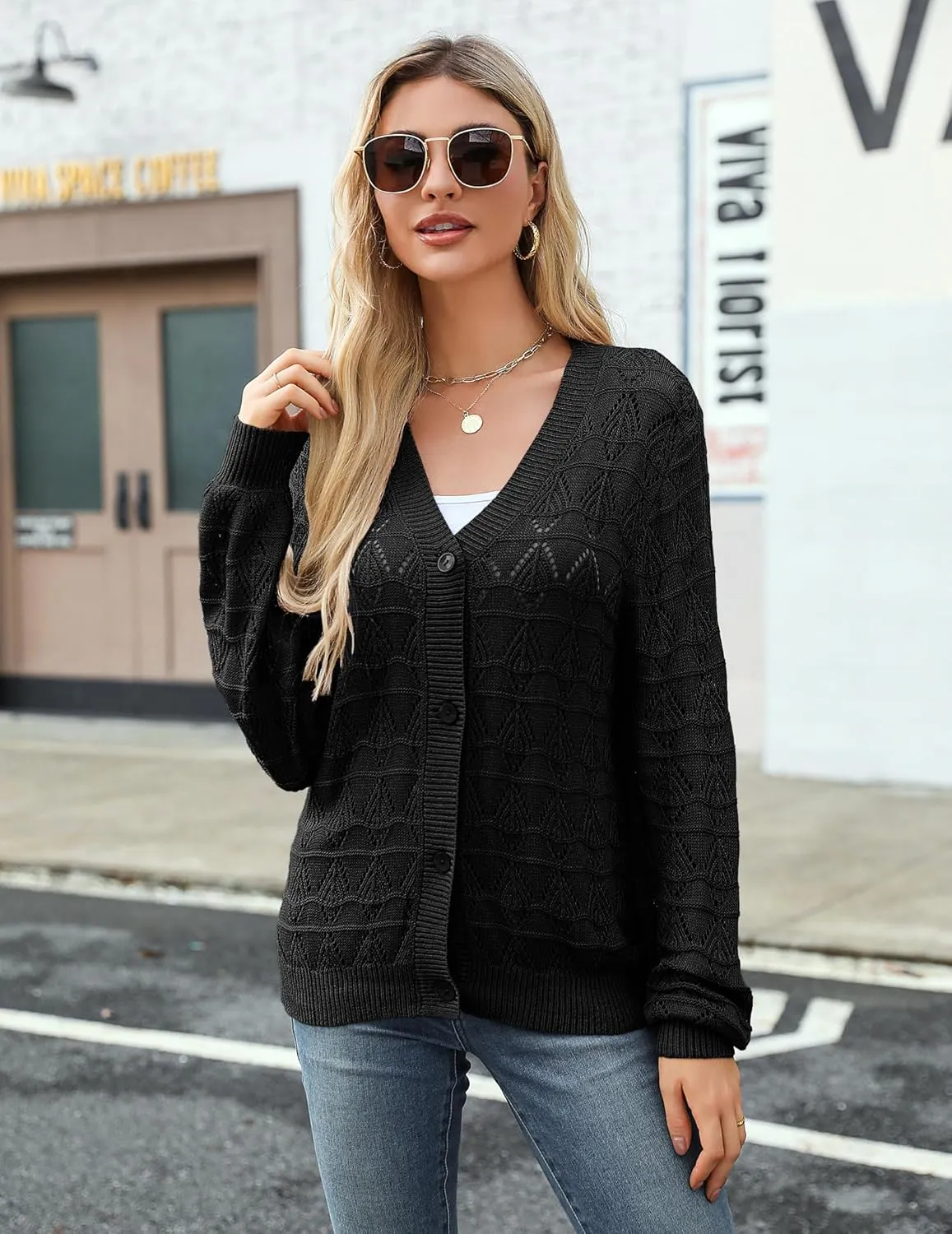 Zeagoo Women's Lightweight Crochet Cropped Cardigan 2024 V Neck Long Sleeve Button up Bolero Shrug Sweater