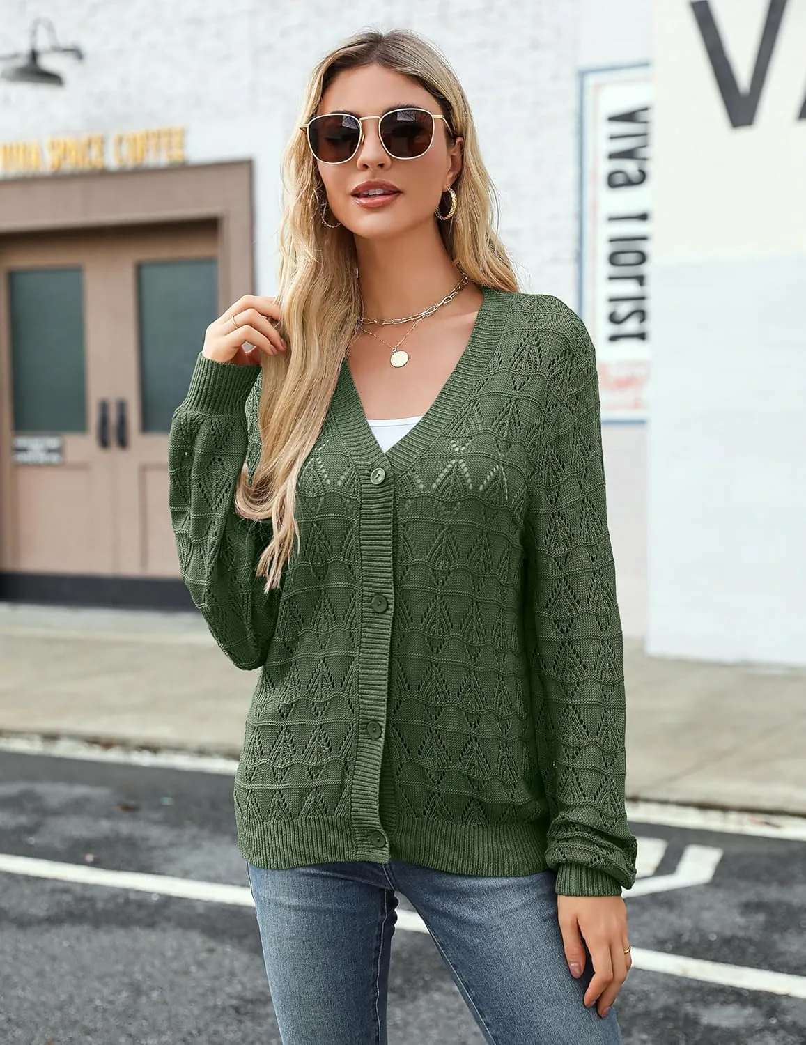 Zeagoo Women's Lightweight Crochet Cropped Cardigan 2024 V Neck Long Sleeve Button up Bolero Shrug Sweater