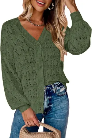 Zeagoo Women's Lightweight Crochet Cropped Cardigan 2024 V Neck Long Sleeve Button up Bolero Shrug Sweater