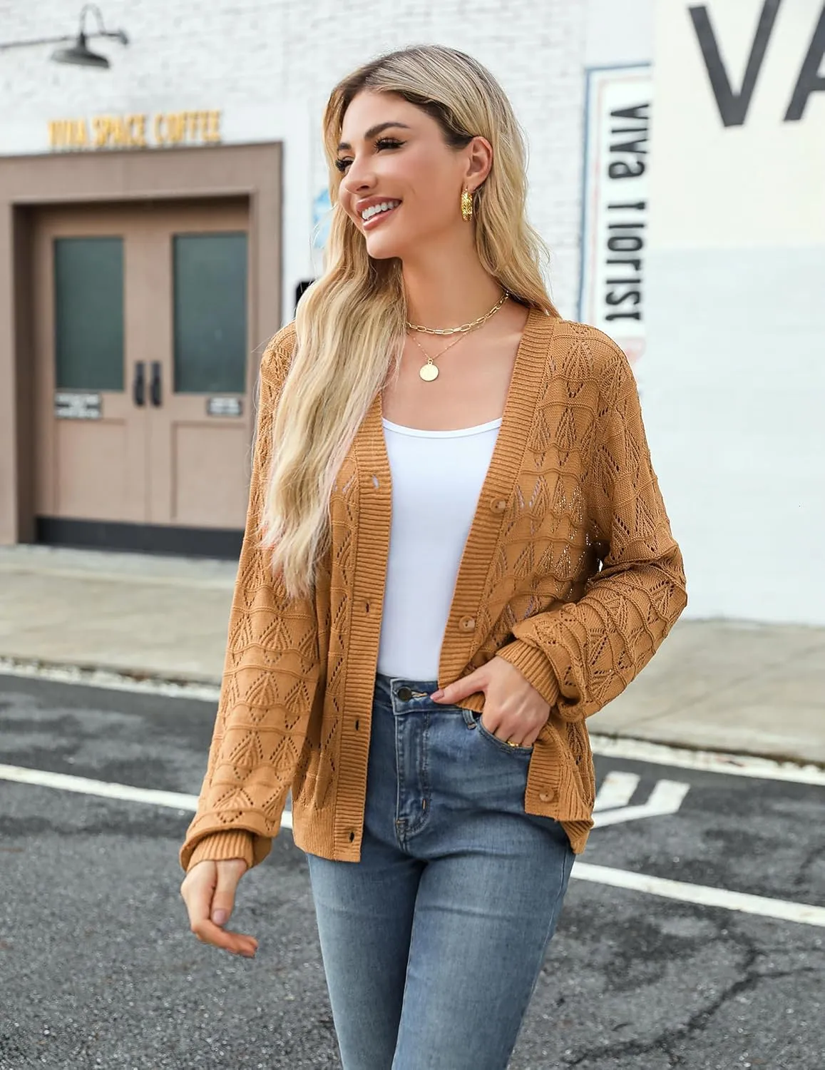 Zeagoo Women's Lightweight Crochet Cropped Cardigan 2024 V Neck Long Sleeve Button up Bolero Shrug Sweater
