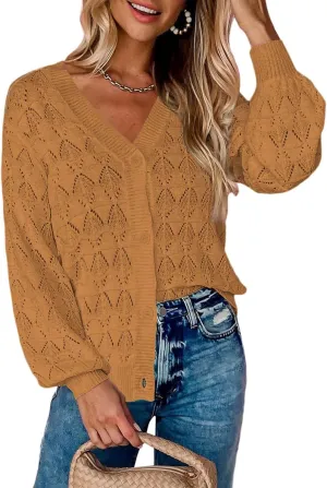 Zeagoo Women's Lightweight Crochet Cropped Cardigan 2024 V Neck Long Sleeve Button up Bolero Shrug Sweater