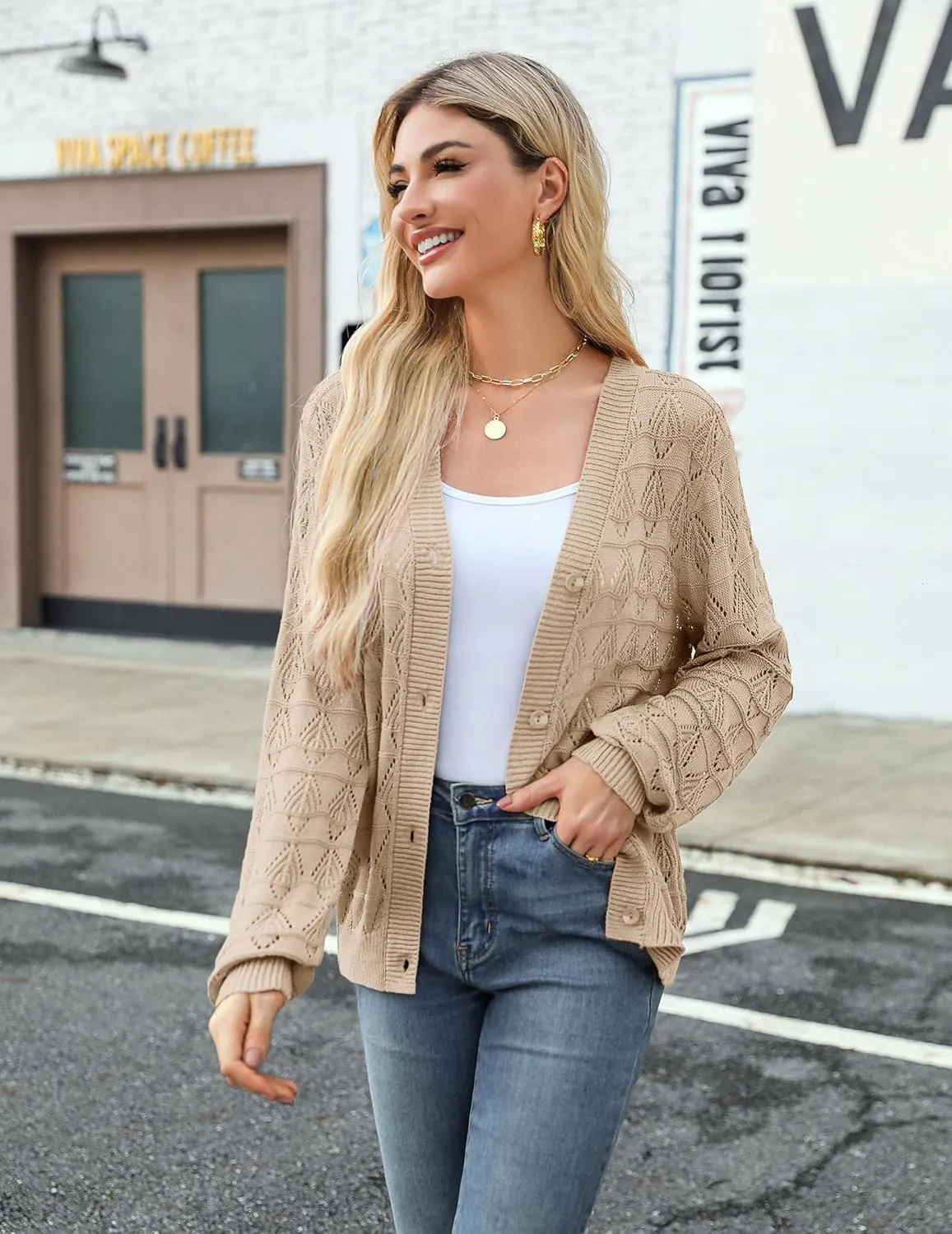 Zeagoo Women's Lightweight Crochet Cropped Cardigan 2024 V Neck Long Sleeve Button up Bolero Shrug Sweater