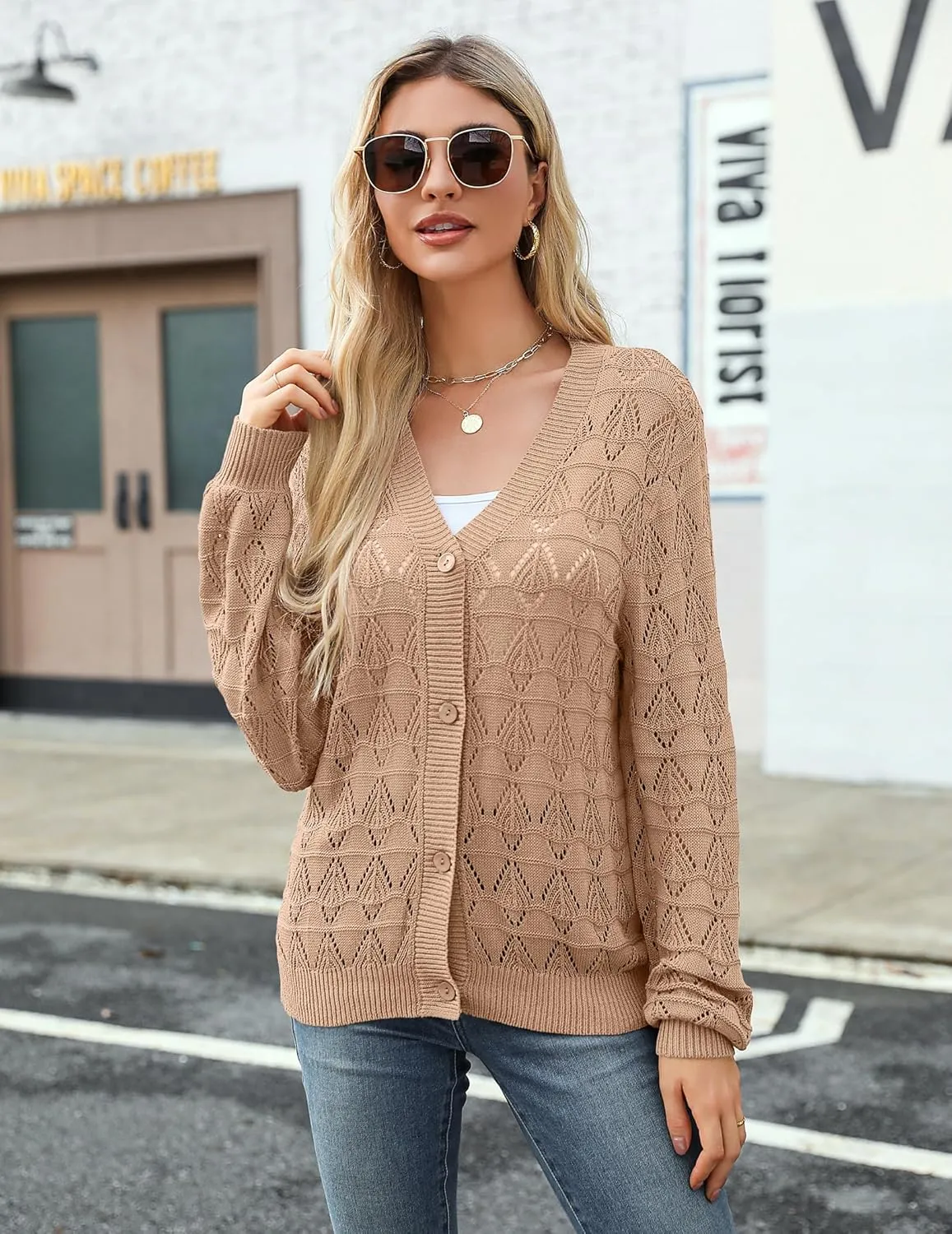 Zeagoo Women's Lightweight Crochet Cropped Cardigan 2024 V Neck Long Sleeve Button up Bolero Shrug Sweater