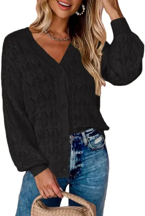 Zeagoo Women's Lightweight Crochet Cropped Cardigan 2024 V Neck Long Sleeve Button up Bolero Shrug Sweater