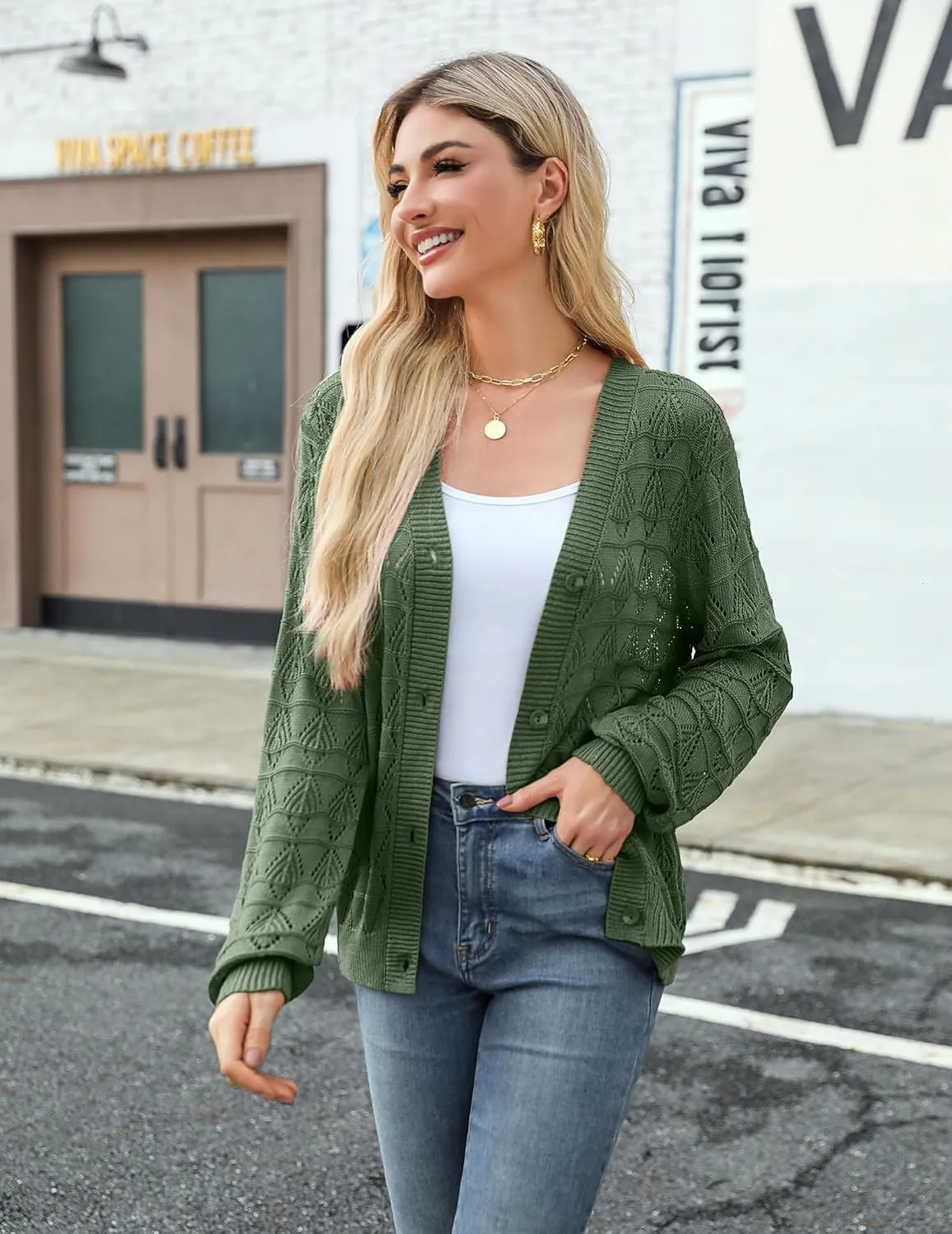 Zeagoo Women's Lightweight Crochet Cropped Cardigan 2024 V Neck Long Sleeve Button up Bolero Shrug Sweater