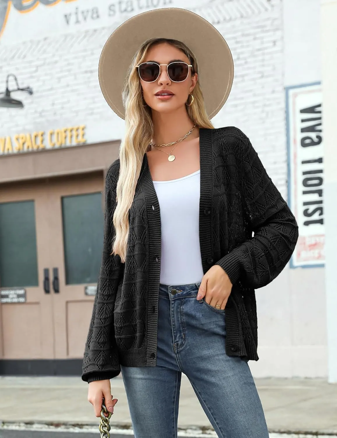 Zeagoo Women's Lightweight Crochet Cropped Cardigan 2024 V Neck Long Sleeve Button up Bolero Shrug Sweater
