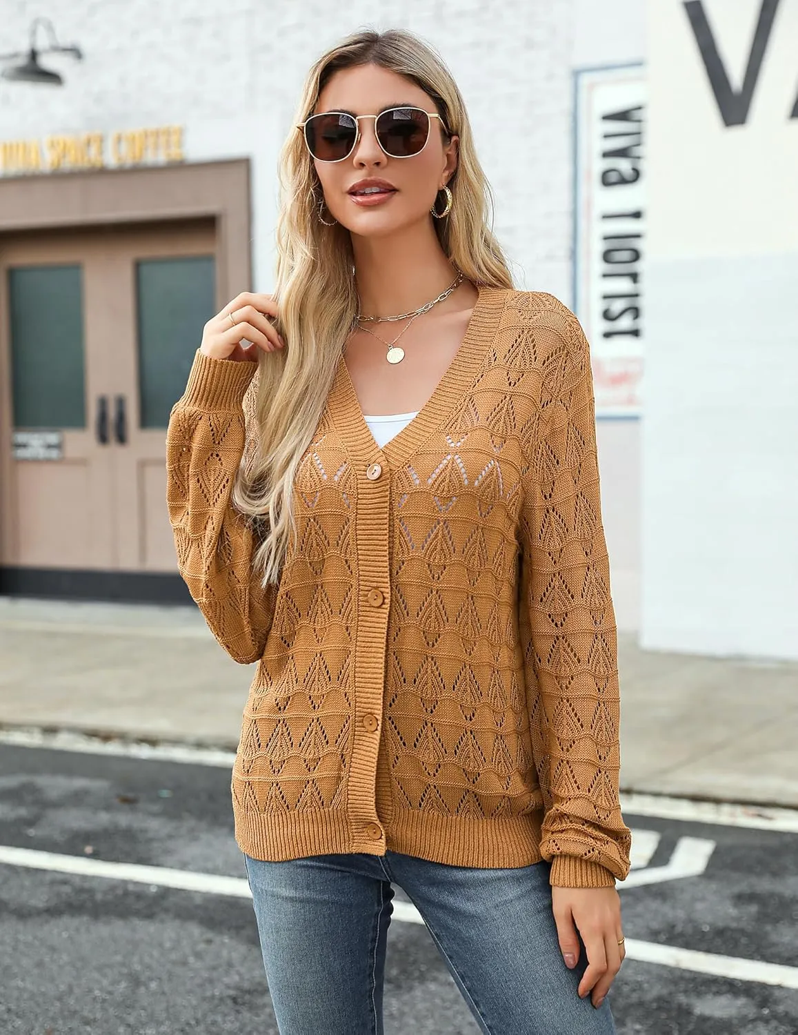 Zeagoo Women's Lightweight Crochet Cropped Cardigan 2024 V Neck Long Sleeve Button up Bolero Shrug Sweater