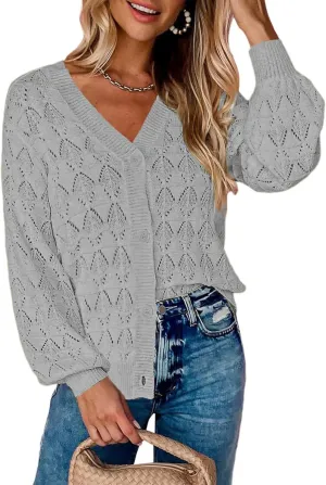 Zeagoo Women's Lightweight Crochet Cropped Cardigan 2024 V Neck Long Sleeve Button up Bolero Shrug Sweater