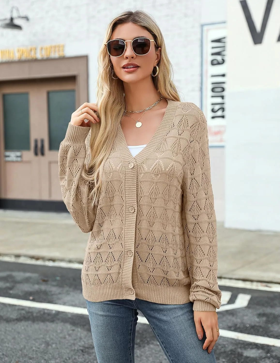 Zeagoo Women's Lightweight Crochet Cropped Cardigan 2024 V Neck Long Sleeve Button up Bolero Shrug Sweater