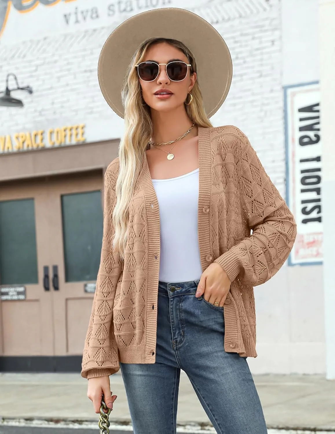 Zeagoo Women's Lightweight Crochet Cropped Cardigan 2024 V Neck Long Sleeve Button up Bolero Shrug Sweater