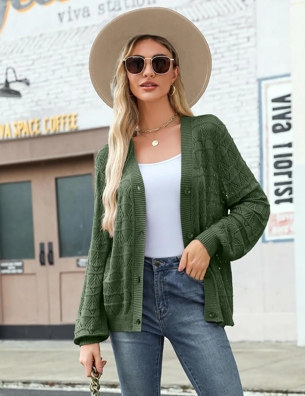 Zeagoo Women's Lightweight Crochet Cropped Cardigan 2024 V Neck Long Sleeve Button up Bolero Shrug Sweater
