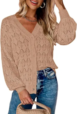Zeagoo Women's Lightweight Crochet Cropped Cardigan 2024 V Neck Long Sleeve Button up Bolero Shrug Sweater