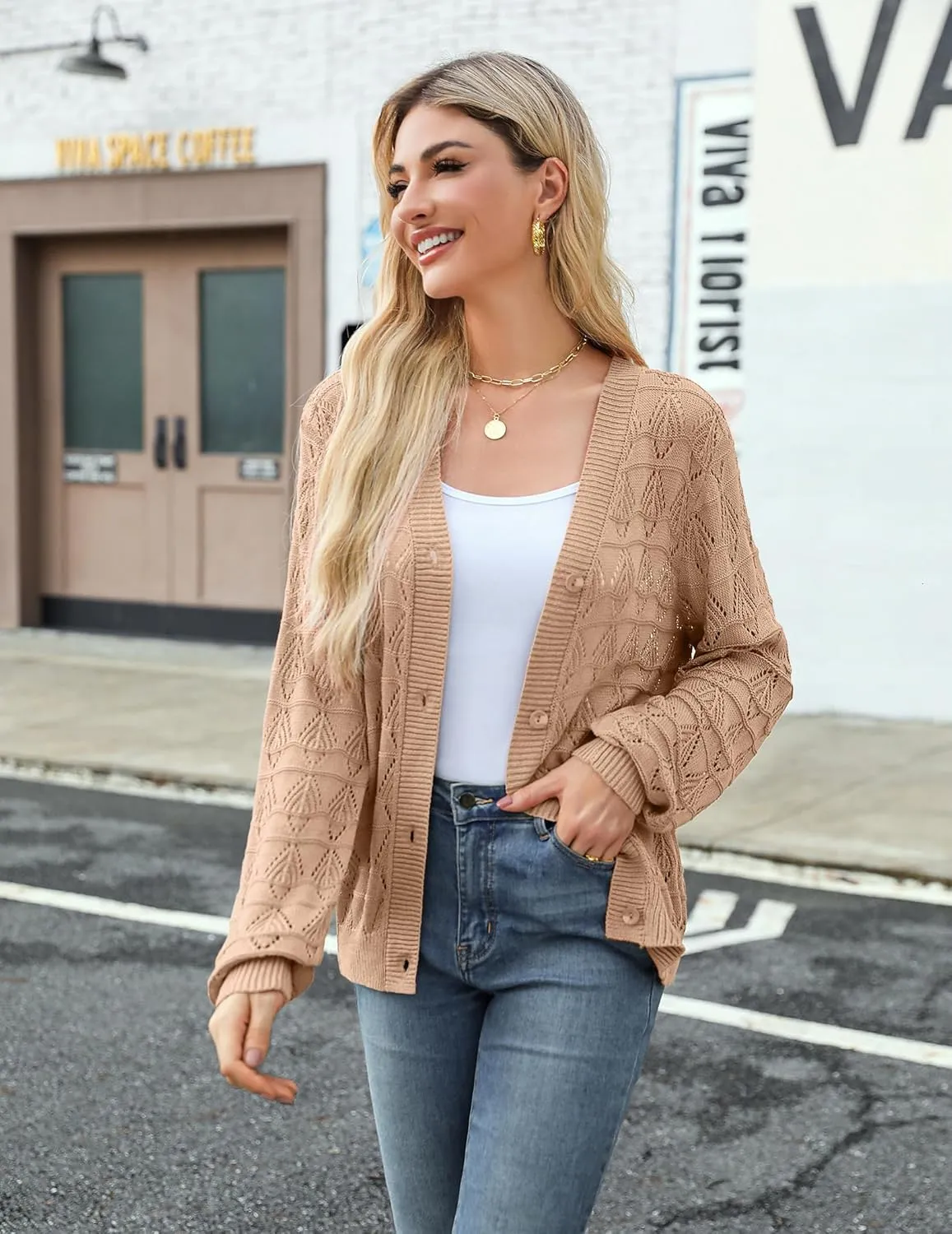 Zeagoo Women's Lightweight Crochet Cropped Cardigan 2024 V Neck Long Sleeve Button up Bolero Shrug Sweater