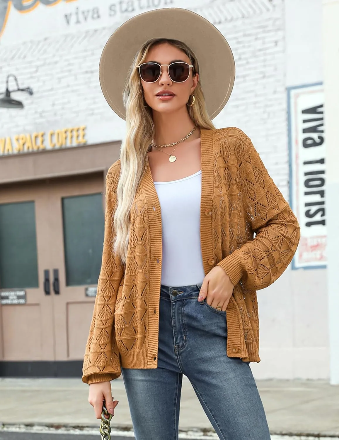 Zeagoo Women's Lightweight Crochet Cropped Cardigan 2024 V Neck Long Sleeve Button up Bolero Shrug Sweater