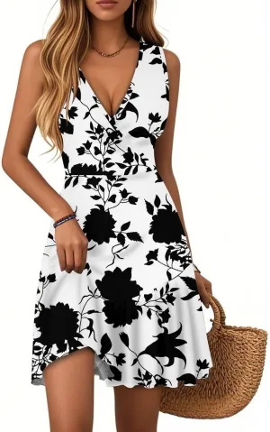 ZEFOTIM Sundresses for Women 2025 Spring Party Sleeveless Floral Short Dresses V Neck Pleated Hem Dress