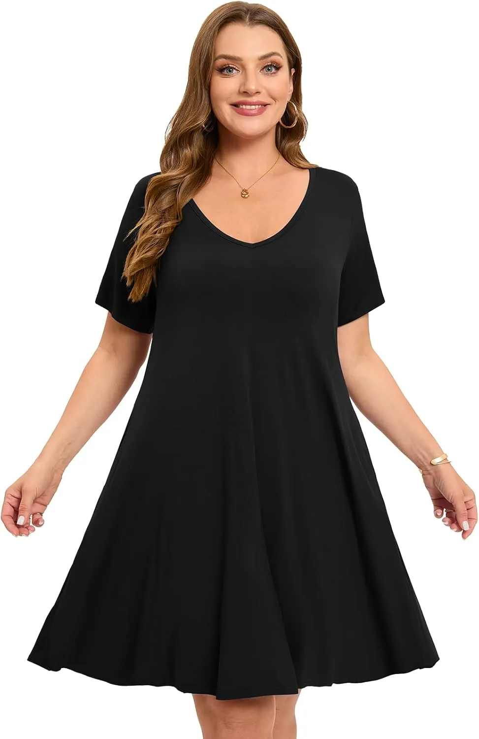 ZENNILO Women's Plus Size Swing Dress with Pockets Casual Summer Dresses V Neck Short Sleeve T Shirt Dress for Women