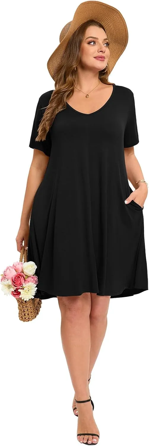 ZENNILO Women's Plus Size Swing Dress with Pockets Casual Summer Dresses V Neck Short Sleeve T Shirt Dress for Women