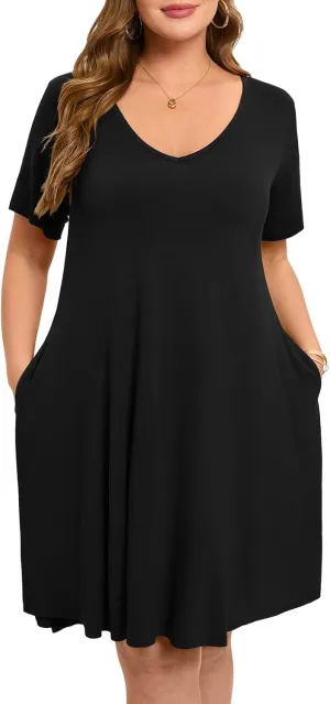 ZENNILO Women's Plus Size Swing Dress with Pockets Casual Summer Dresses V Neck Short Sleeve T Shirt Dress for Women