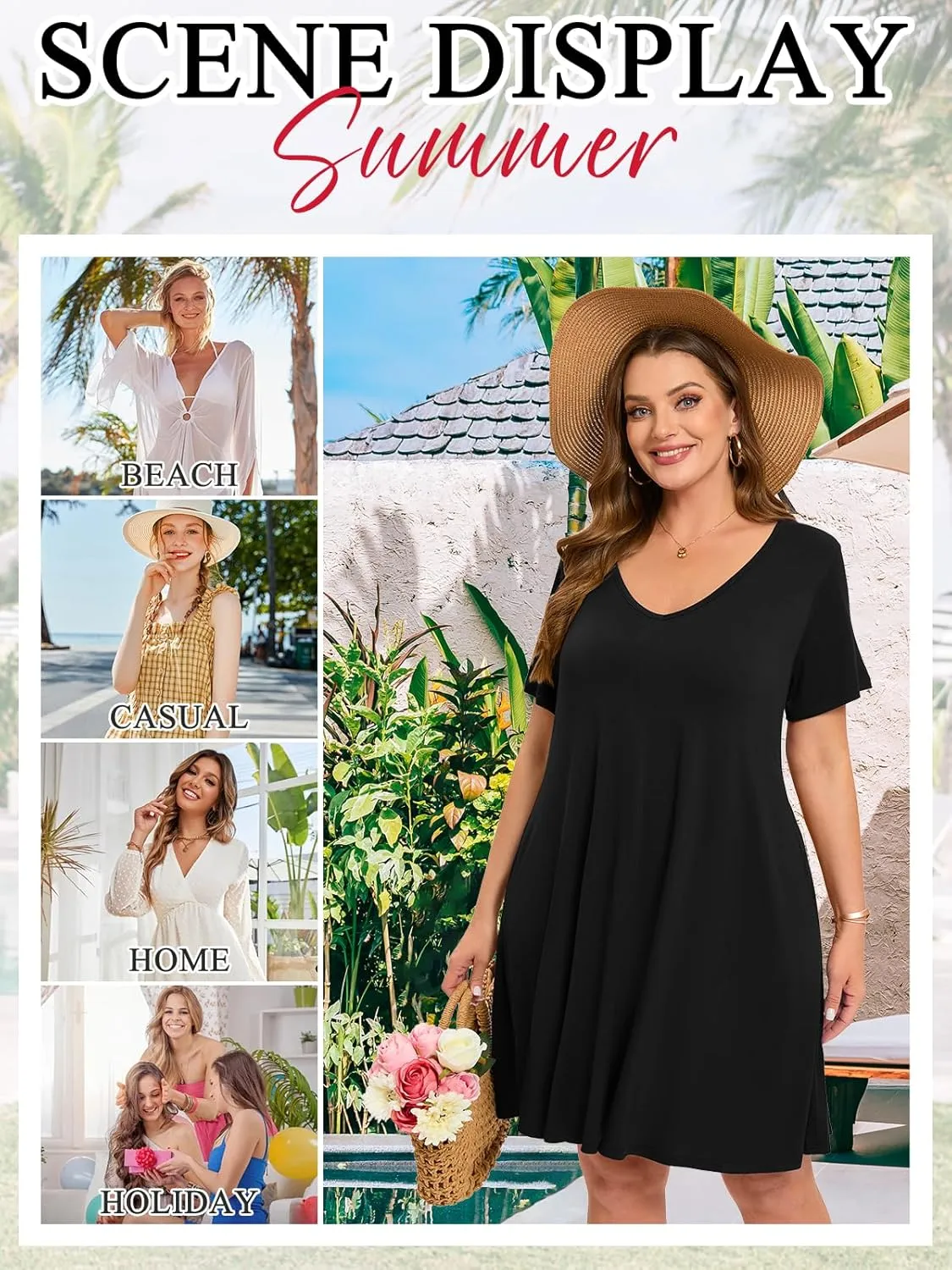 ZENNILO Women's Plus Size Swing Dress with Pockets Casual Summer Dresses V Neck Short Sleeve T Shirt Dress for Women