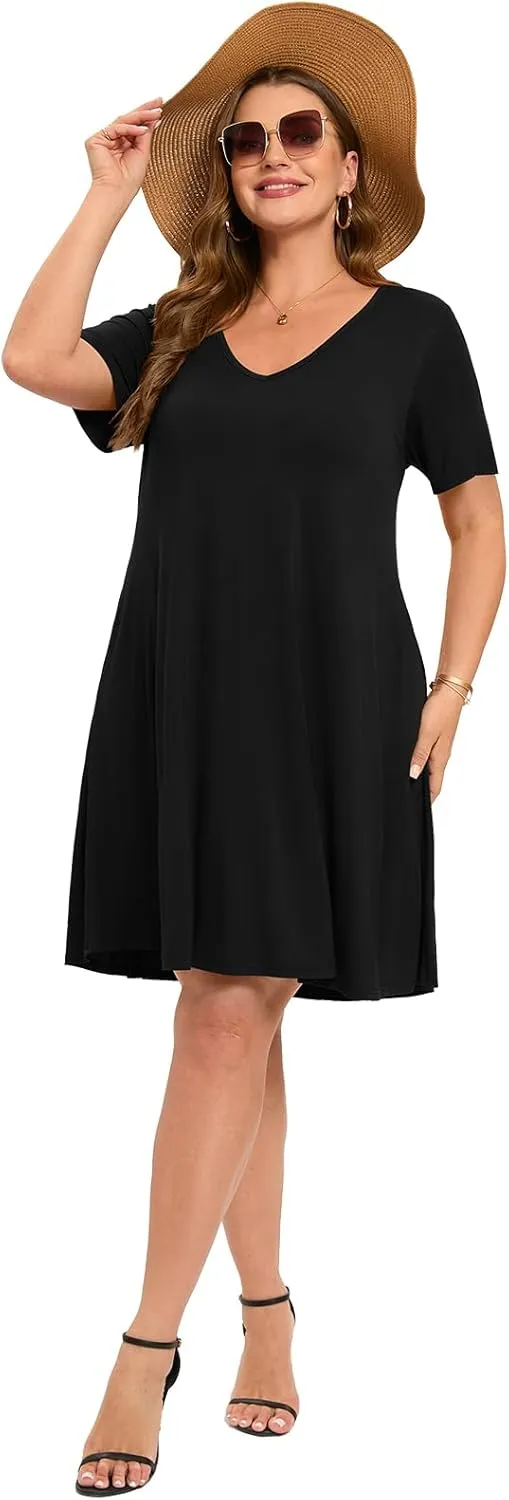 ZENNILO Women's Plus Size Swing Dress with Pockets Casual Summer Dresses V Neck Short Sleeve T Shirt Dress for Women