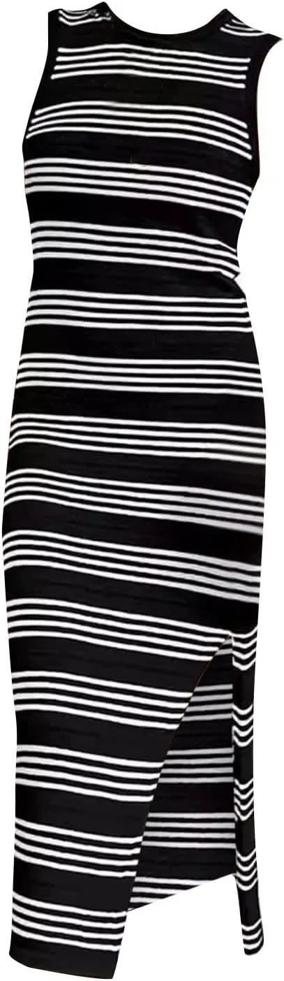 ZYXTIM Women Knit Casual Maxi Dress Side Slit Stripe Sleeveless Sundress 2024 Casual Bodycon Maxi Dresses Summer Beach Dress