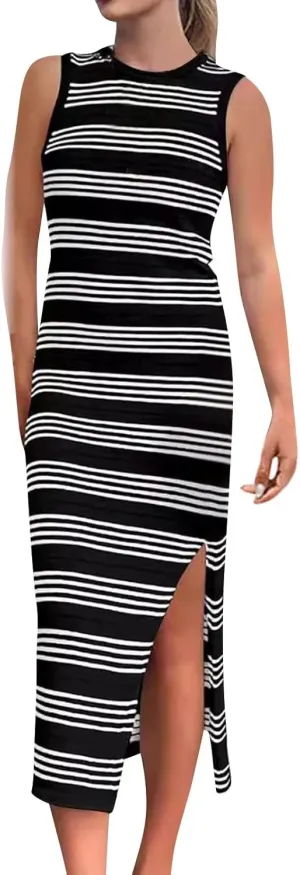 ZYXTIM Women Knit Casual Maxi Dress Side Slit Stripe Sleeveless Sundress 2024 Casual Bodycon Maxi Dresses Summer Beach Dress